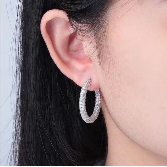 14K White Gold Sterling Silver with White Diamond Cubic Zirconia Hoop Earrings - Picture 5 of 6